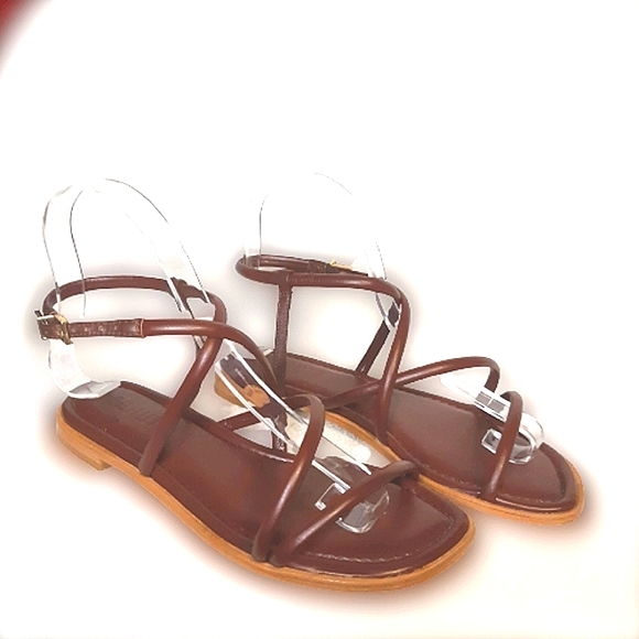 Schultz Leather Gladiator Strapy Sandal Flats Bukle Slip Brown Thong Flip Flop - Picture 2 of 9
